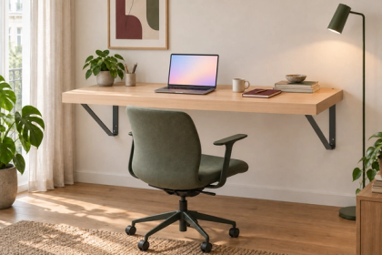 Wandklapptisch als Schreibtisch im Homeoffice mit Laptop und Bürostuhl (KI-generiertes Bild)