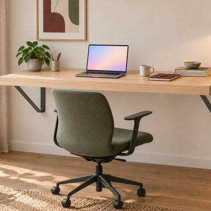 Wandklapptisch als Schreibtisch im Homeoffice mit Laptop und Bürostuhl (KI-generiertes Bild)