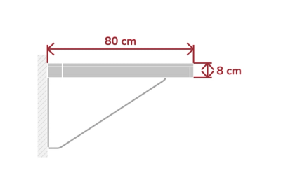Maßzeichnung des Wandklapptischs aufgeklappt mit 80 cm Tiefe und 8 cm Stärke der Tischplatte