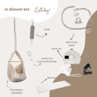 Grafik zum Set der Lullaby Federwiege in Naturbeige mit Motor Set, Deckenbefestigung, Feder und Matratze