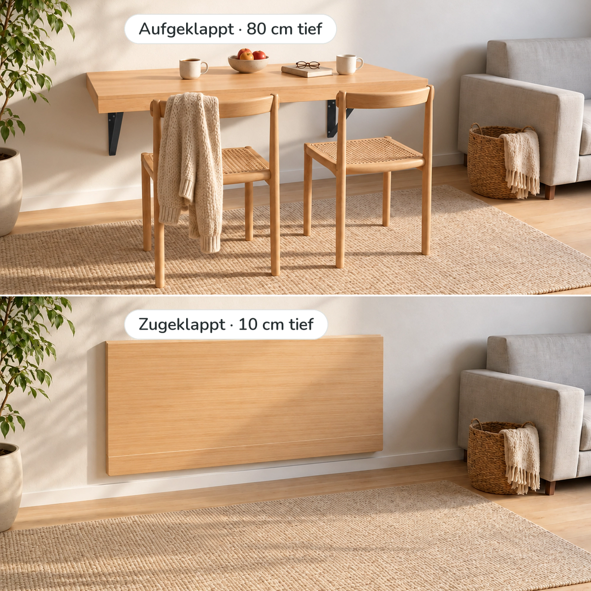 Wandklapptisch 160 cm an derselben Wand, oben aufgeklappt mit 80 cm Tiefe, unten zugeklappt mit 10 cm Tiefe (KI-generiertes Bild)