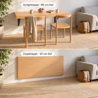 Wandklapptisch 160 cm an derselben Wand, oben aufgeklappt mit 80 cm Tiefe, unten zugeklappt mit 10 cm Tiefe (KI-generiertes Bild)