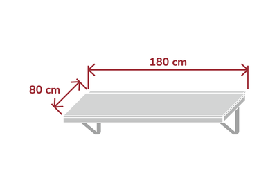 Maßzeichnung des Wandklapptischs 180 cm mit 180 cm Breite und 80 cm Tiefe der Tischplatte