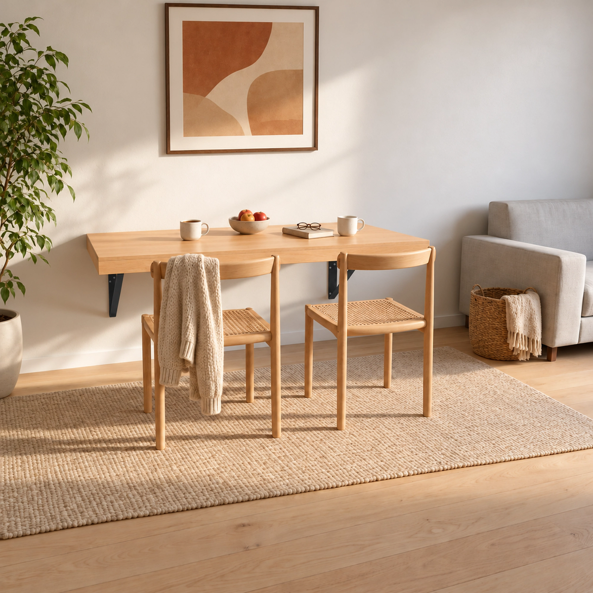 Wandklapptisch 160 cm aus Buche-Multiplex mit anthrazitfarbenen Stahlarmen, aufgeklappt im Wohnzimmer mit zwei Stühlen (KI-generiertes Bild)