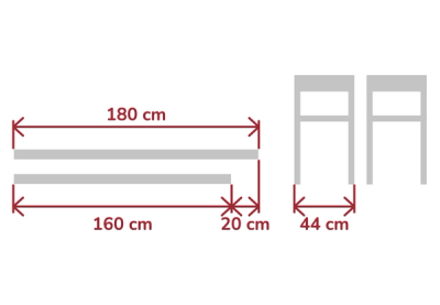 Maßzeichnung zum Breitenvergleich des Wandklapptischs: 180 cm gegen 160 cm, 20 cm Unterschied, Stuhl 44 cm breit