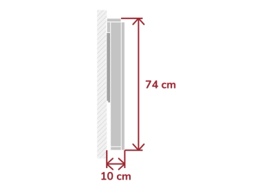 Maßzeichnung des zugeklappten Wandklapptischs in der Seitenansicht mit 10 cm Tiefe und 74 cm Höhe