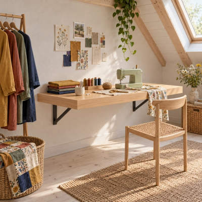 Wandklapptisch als Nähplatz im Dachzimmer mit Nähmaschine und Stoffen (KI-generiertes Bild)