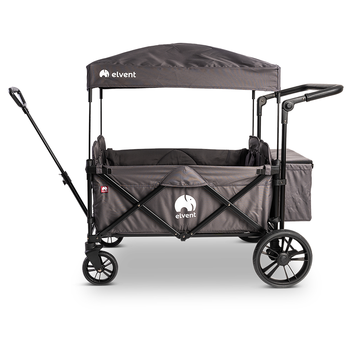 WagonPro City in Titangrau mit Dach und Hecktasche in der Seitenansicht, Zugstange ausgezogen, freigestellt