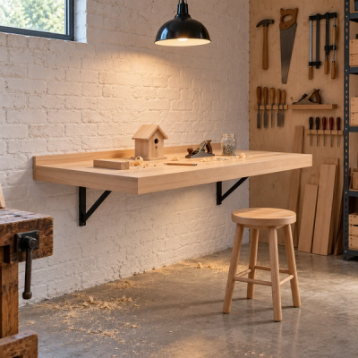 Wandklapptisch als Werkbank in der Werkstatt mit einem Vogelhaus aus Holz (KI-generiertes Bild)