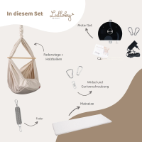 Lieferumfang der Lullaby Federwiege mit Motor in Schwarz, Feder, Karabinern, Netzteil und Matratze