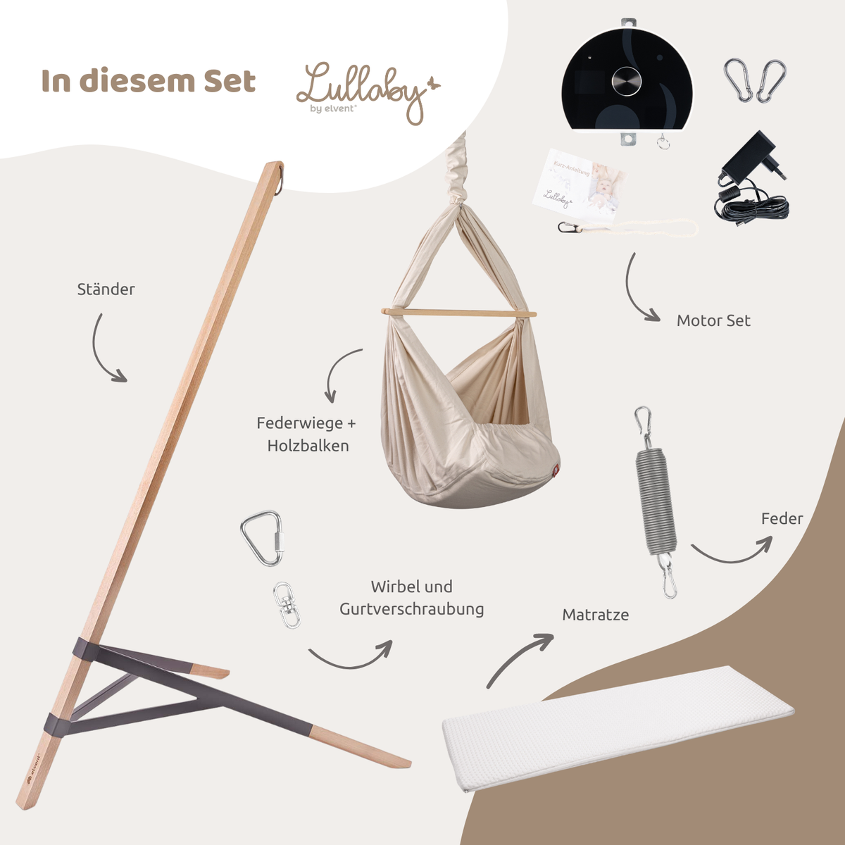 Lullaby Federwiege in Naturbeige: Set mit Holzständer, Federwiege, Motor, Feder und Matratze