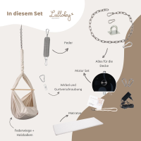 Lieferumfang der Lullaby Federwiege für die Decke mit Motor in Schwarz, Feder, Kette, Netzteil und Matratze