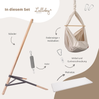 Lullaby Federwiege in Naturbeige: Set mit Holzständer, Federwiege, Feder, Karabinern und Matratze