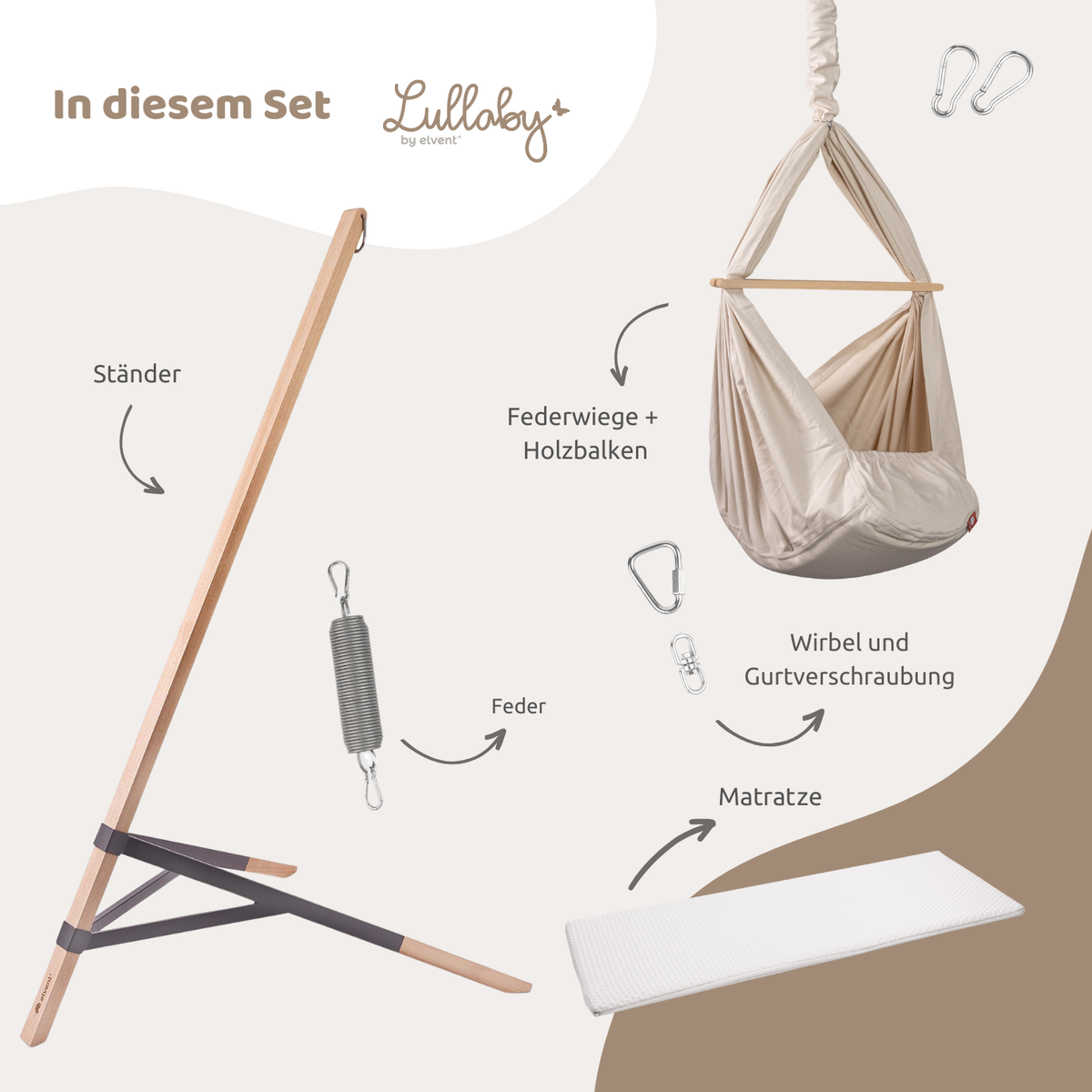 Lullaby Federwiege in Naturbeige: Set mit Holzständer, Federwiege, Feder, Karabinern und Matratze