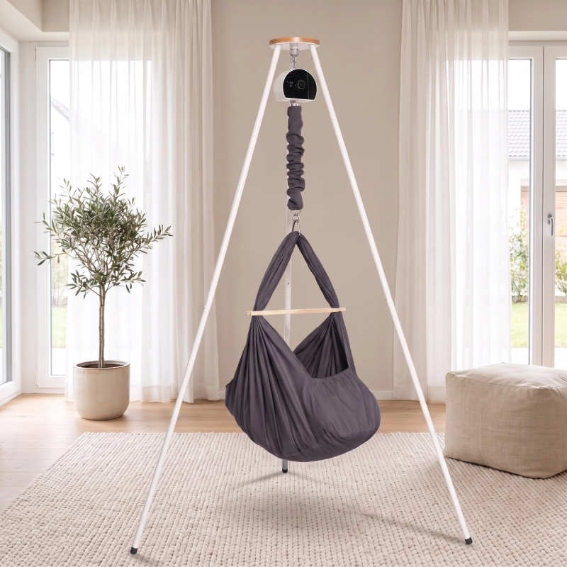 Federwiege aus Baumwolle mit Motor Schwarz und Ständer Tripod (Mit KI bearbeitetes Bild)