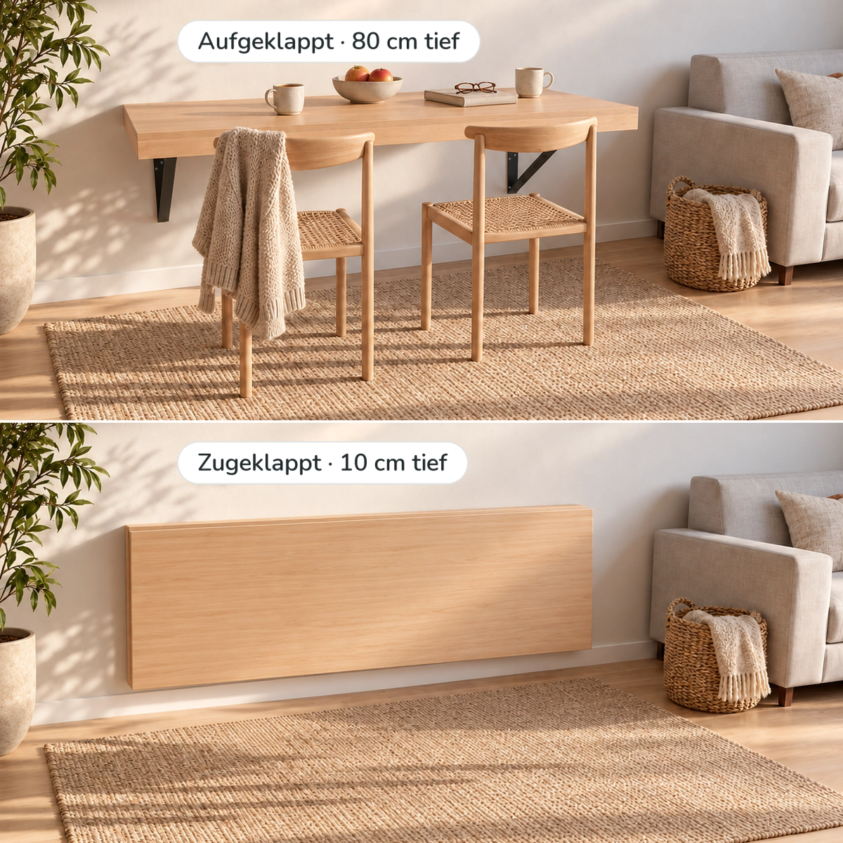 Wandklapptisch 180 cm an derselben Wand, oben aufgeklappt mit 80 cm Tiefe, unten zugeklappt mit 10 cm Tiefe (KI-generiertes Bild)