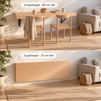 Wandklapptisch 180 cm an derselben Wand, oben aufgeklappt mit 80 cm Tiefe, unten zugeklappt mit 10 cm Tiefe (KI-generiertes Bild)