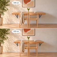 Wandklapptisch in 180 und 160 cm Breite an derselben Wand im Vergleich, Stahlarme in Anthrazit (KI-generiertes Bild)