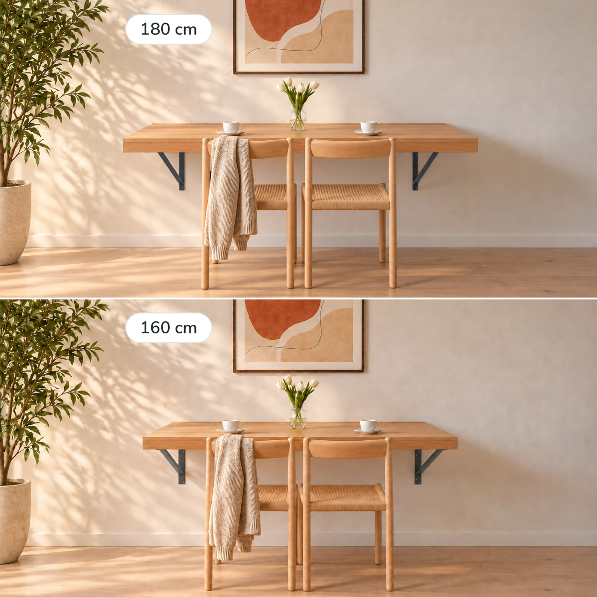 Wandklapptisch in 180 und 160 cm Breite an derselben Wand im Vergleich, Stahlarme in Anthrazit (KI-generiertes Bild)
