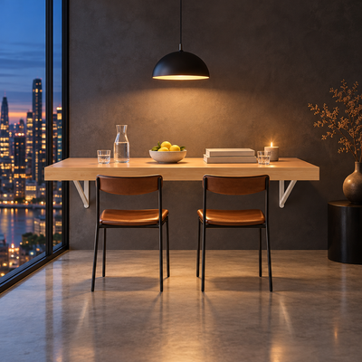 Wandklapptisch als Esstisch am Fenster mit Blick auf die Stadt am Abend (KI-generiertes Bild)