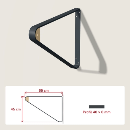 Stahlarm aus Flachstahl mit Maßskizze: 65 cm lang, 45 cm hoch, Profil 40 × 8 mm