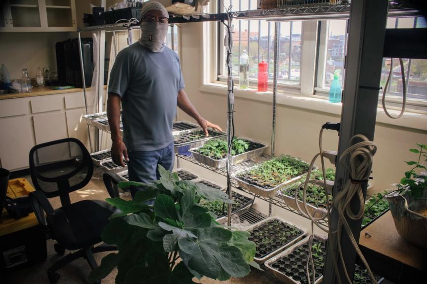Boe in the seeding room standing among freshly sprouting herbs and veggies.