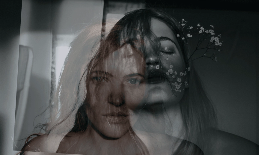 overlay of images closeup of woman, flower in hair