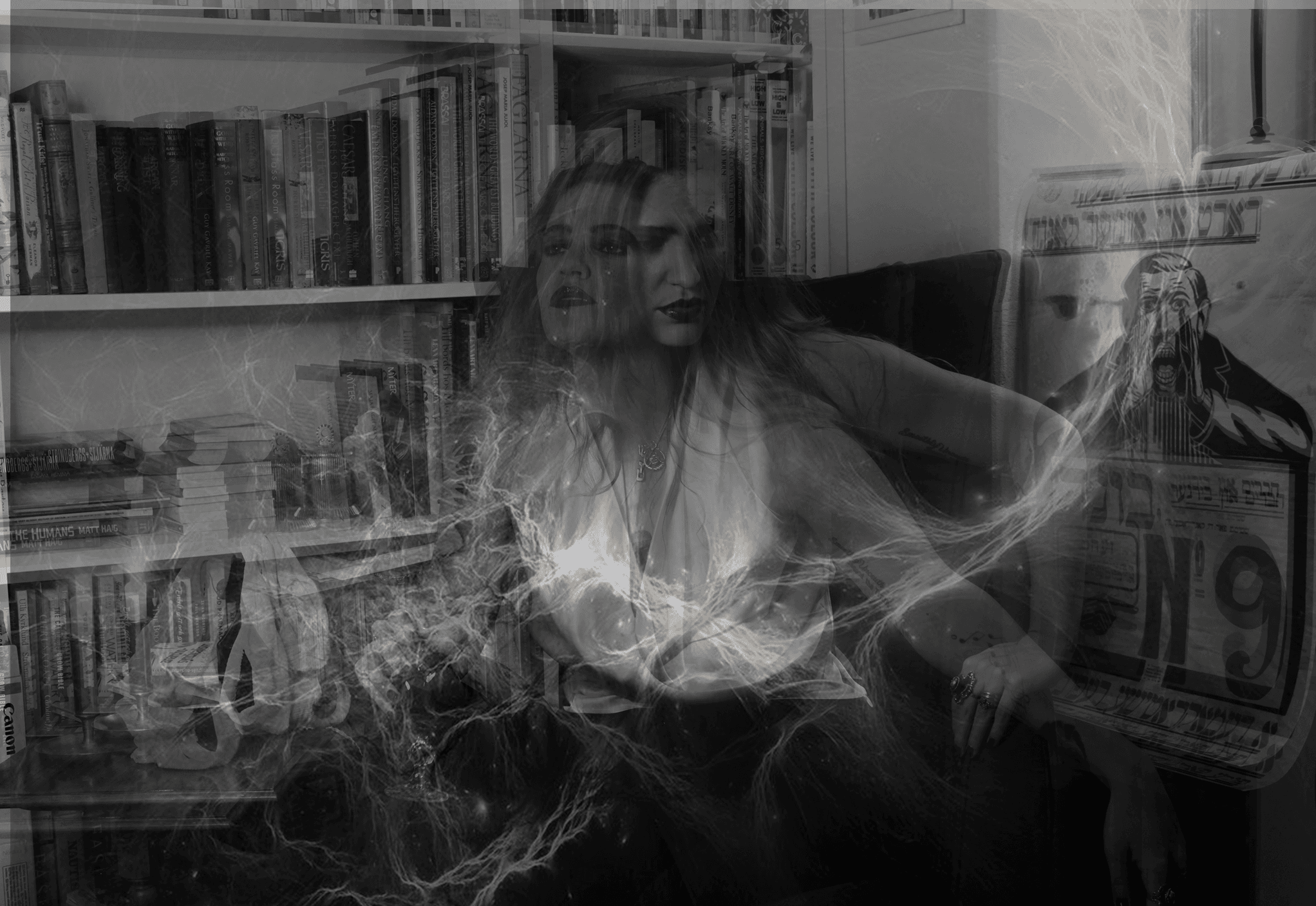 overlay images of woman sitting mycelial networks
