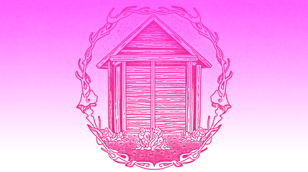 Pink illustration of a barn within a botanical wreath, representing the stable foundation that sustained brand building creates