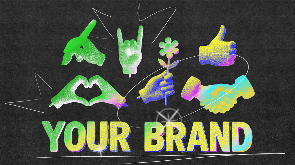 Colorful illustrated hand gestures — heart, rock on, thumbs up, flower, handshake — representing a brand's range of expression across contexts
