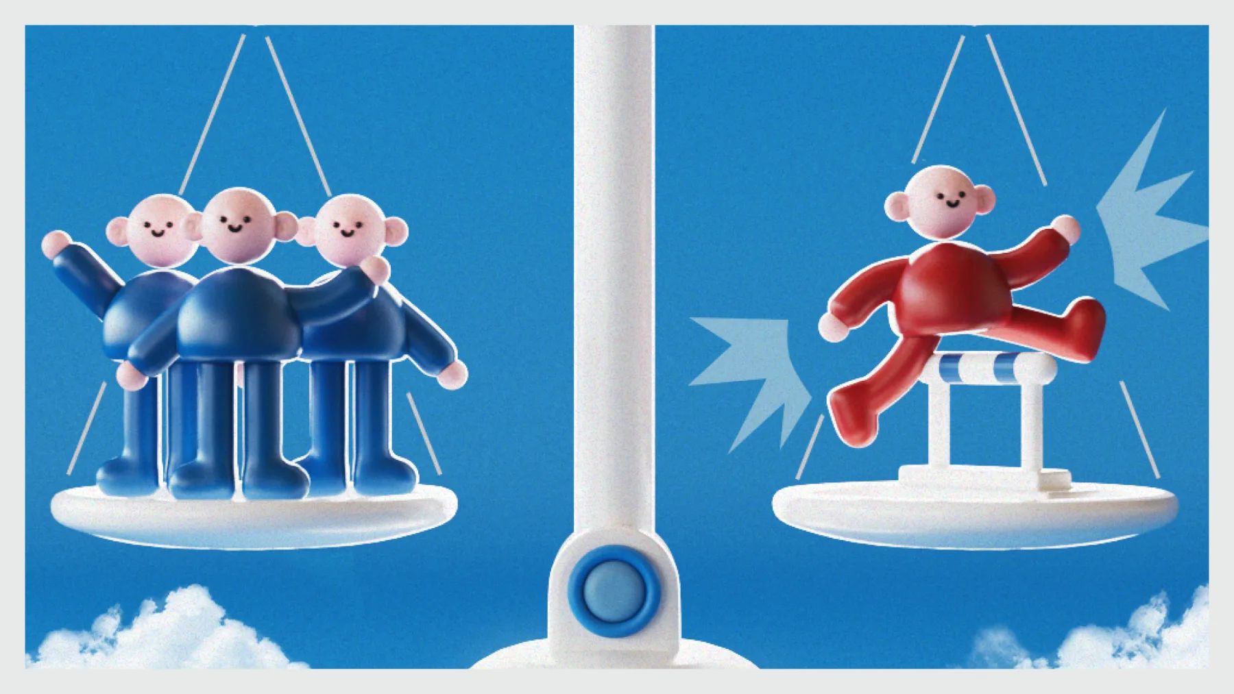 Illustration of a balance scale: three blue toy figures crowded together on one pan, a single red toy figure vaulting a hurdle on the other, representing agility outweighing headcount