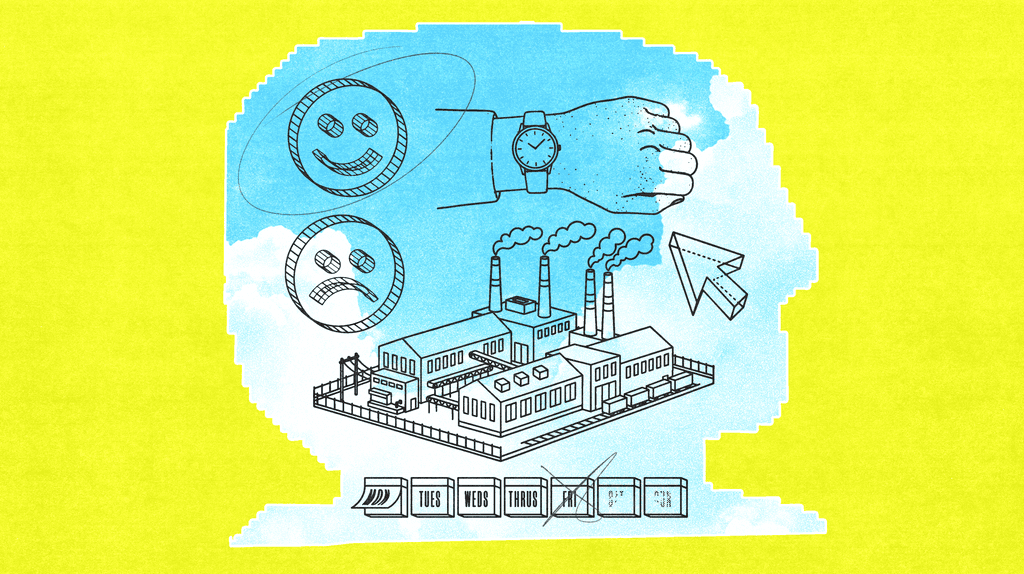Illustration of a human head silhouette containing a factory, clock, cursor, and emotion icons, representing the mental burden of traditional work culture