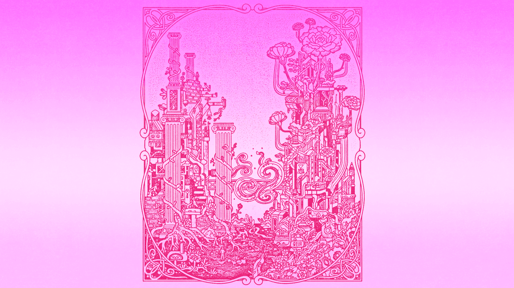 Pink ornate illustration of an architectural structure with decorative flourishes, representing the foundations of brand building