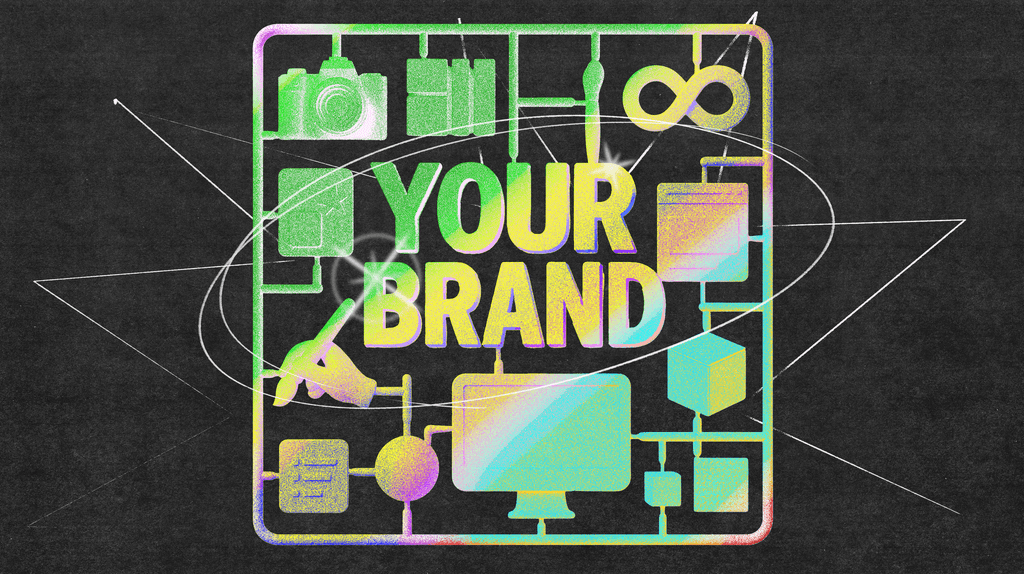 Illustration of a brand as a model kit box filled with colorful icons representing visual assets, UI elements, and brand components