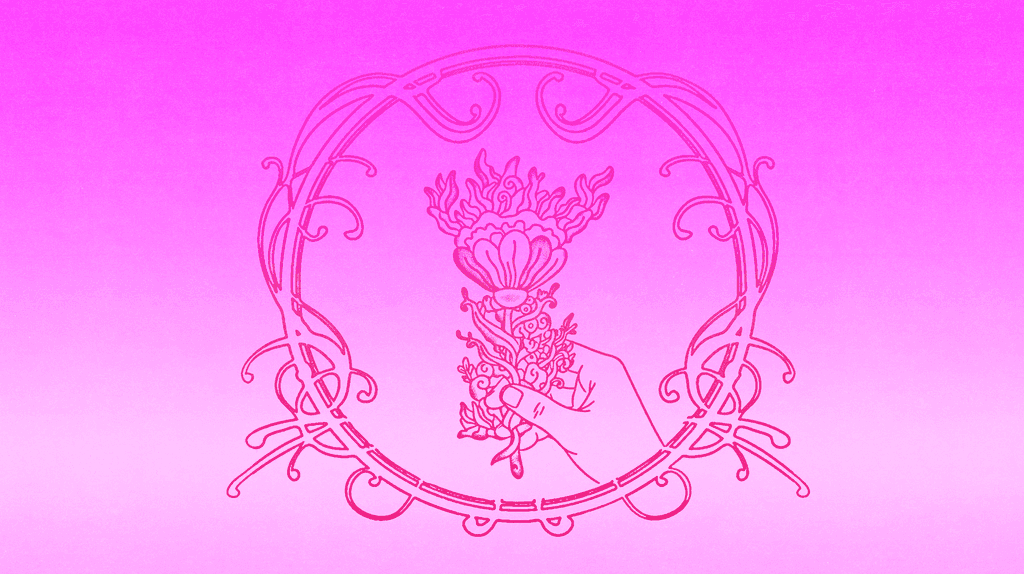 Pink line illustration of a hand holding a blooming flower within an ornate circular frame, representing long-term brand investment