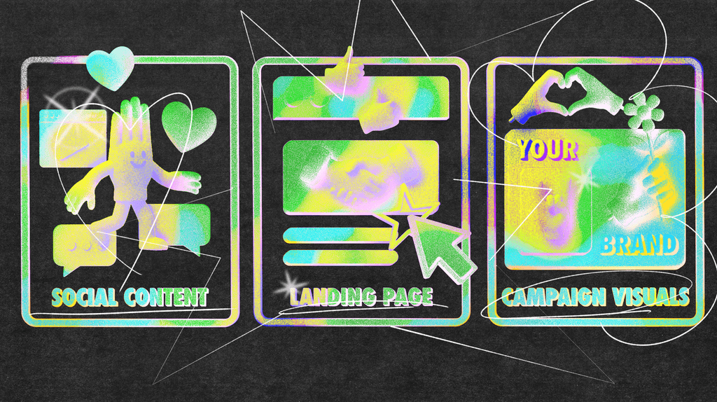 Three illustrated cards showing brand toolkit assets applied across social content, landing pages, and campaign visuals