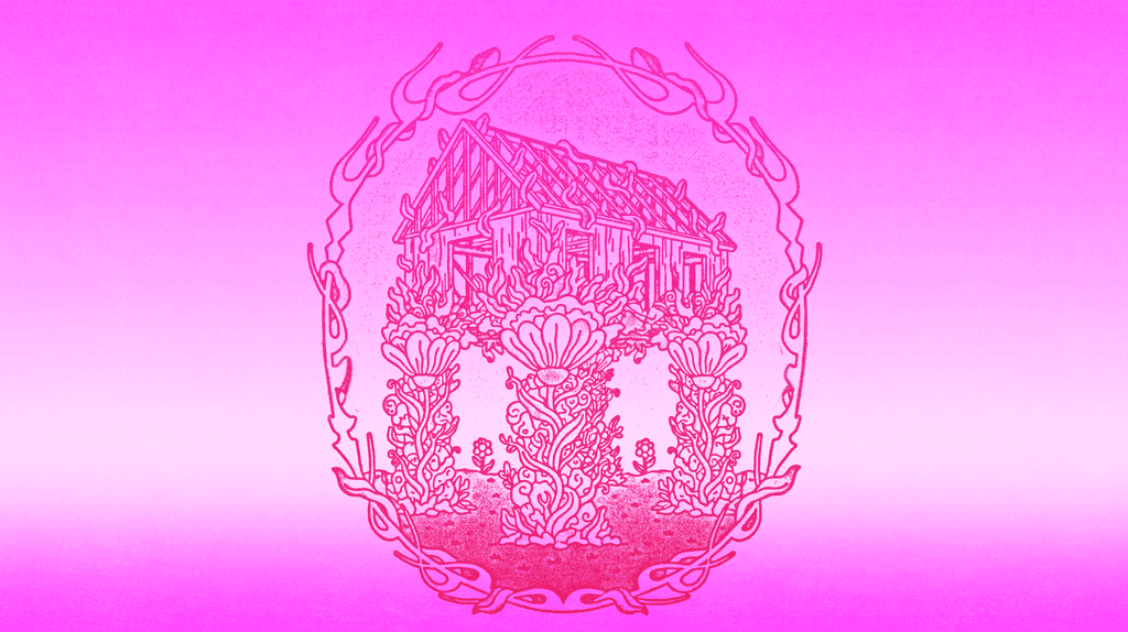 Pink illustration of two mirrored figures emerging from ornate botanical decoration, representing the balance between brand building and performance