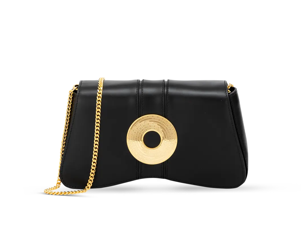 Aranyani Marquise Handcrafted Clutch in Obsidian Shade with a 24 Karat gold plated Monogram Medallion