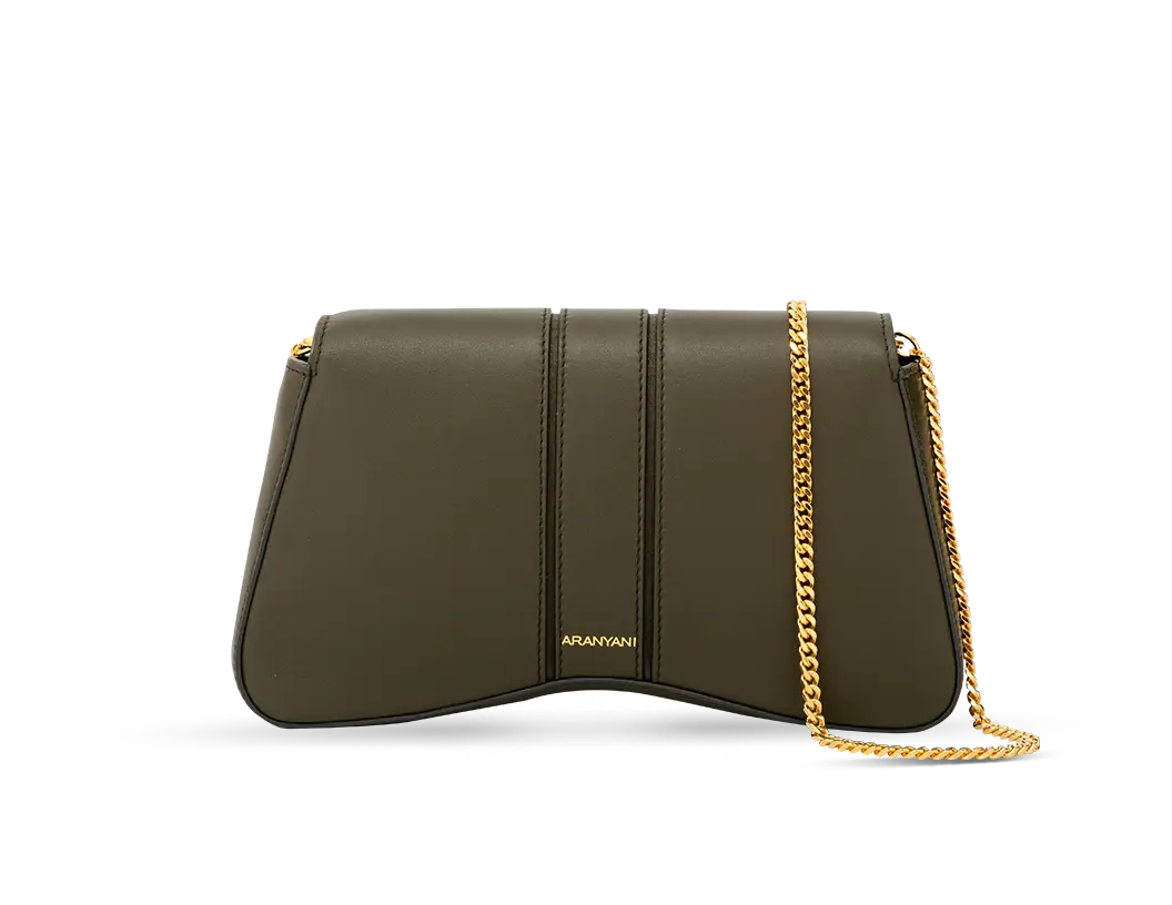 The back side of Marquise clutch bag in the deep forest shade with detachable gold chain  