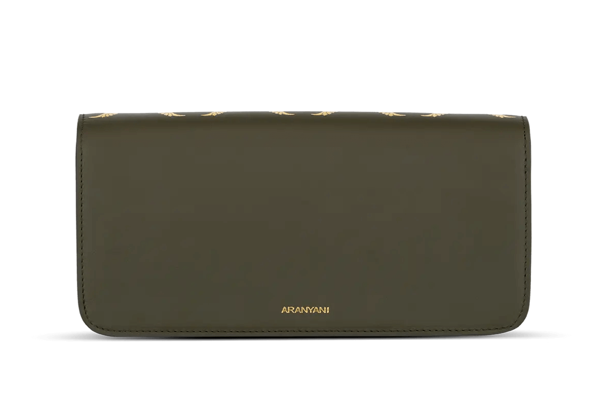 Back view of The Aranyani Charvi Clutch in Deep Forest Shade
