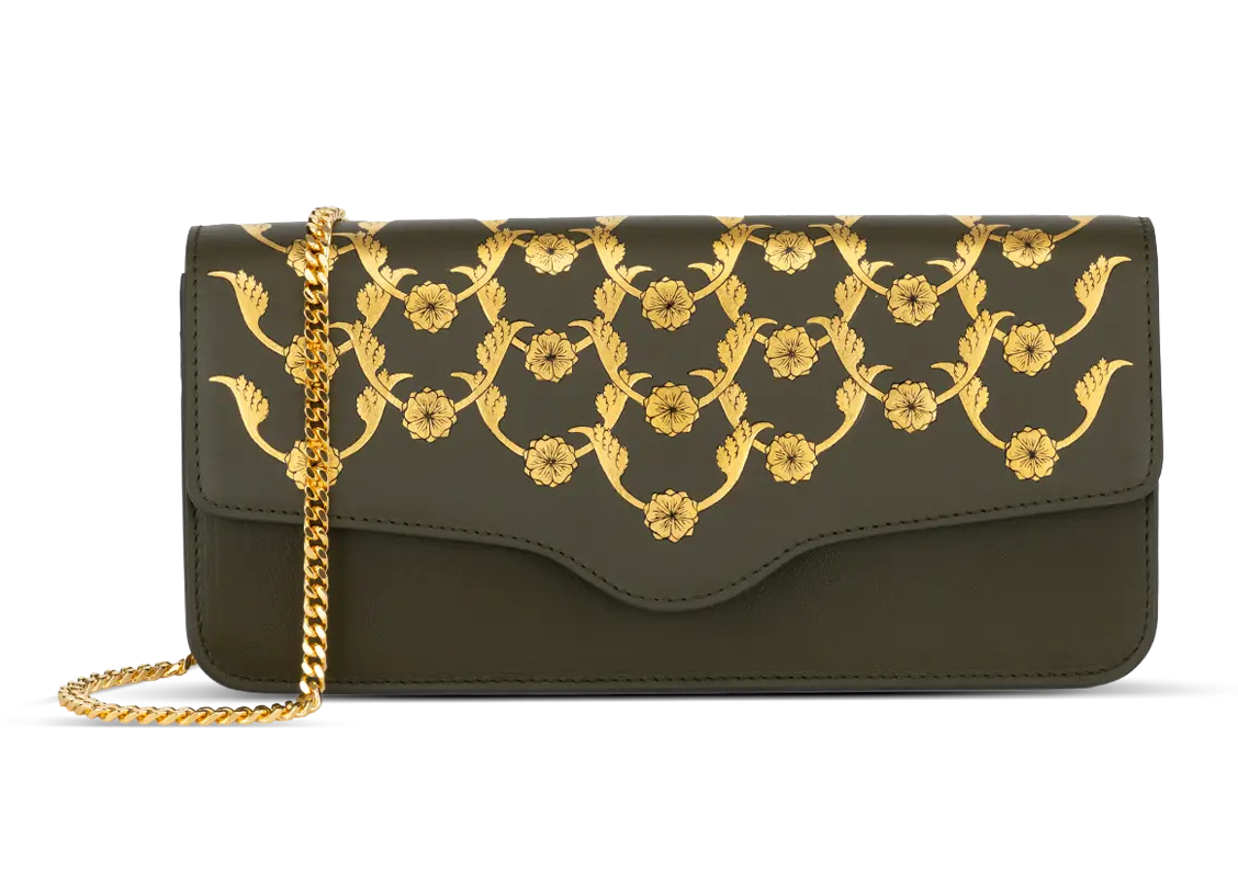 Aranyani Indian heritage handcrafted Charvi clutch in Deep Forest Shade