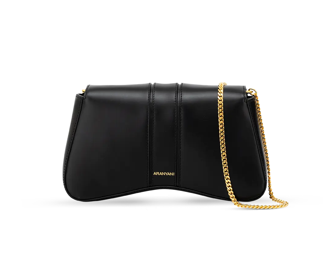 Aranyani Marquise Clutch in Obsidian with a detachable gold chain