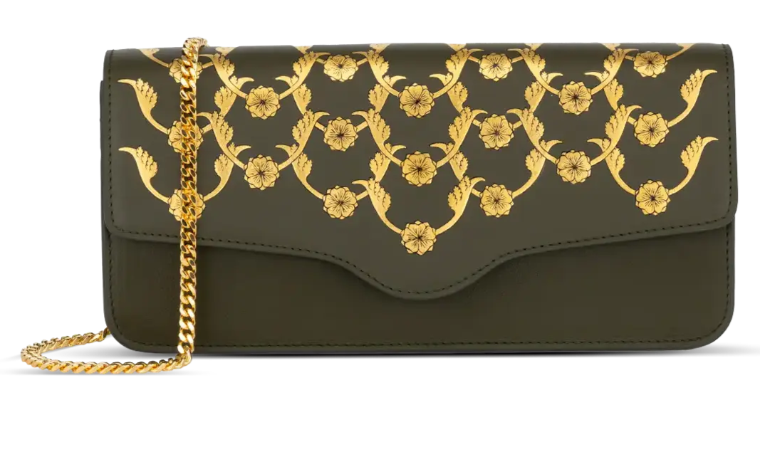 Aranyani Indian heritage handcrafted Charvi clutch in Deep Forest Shade