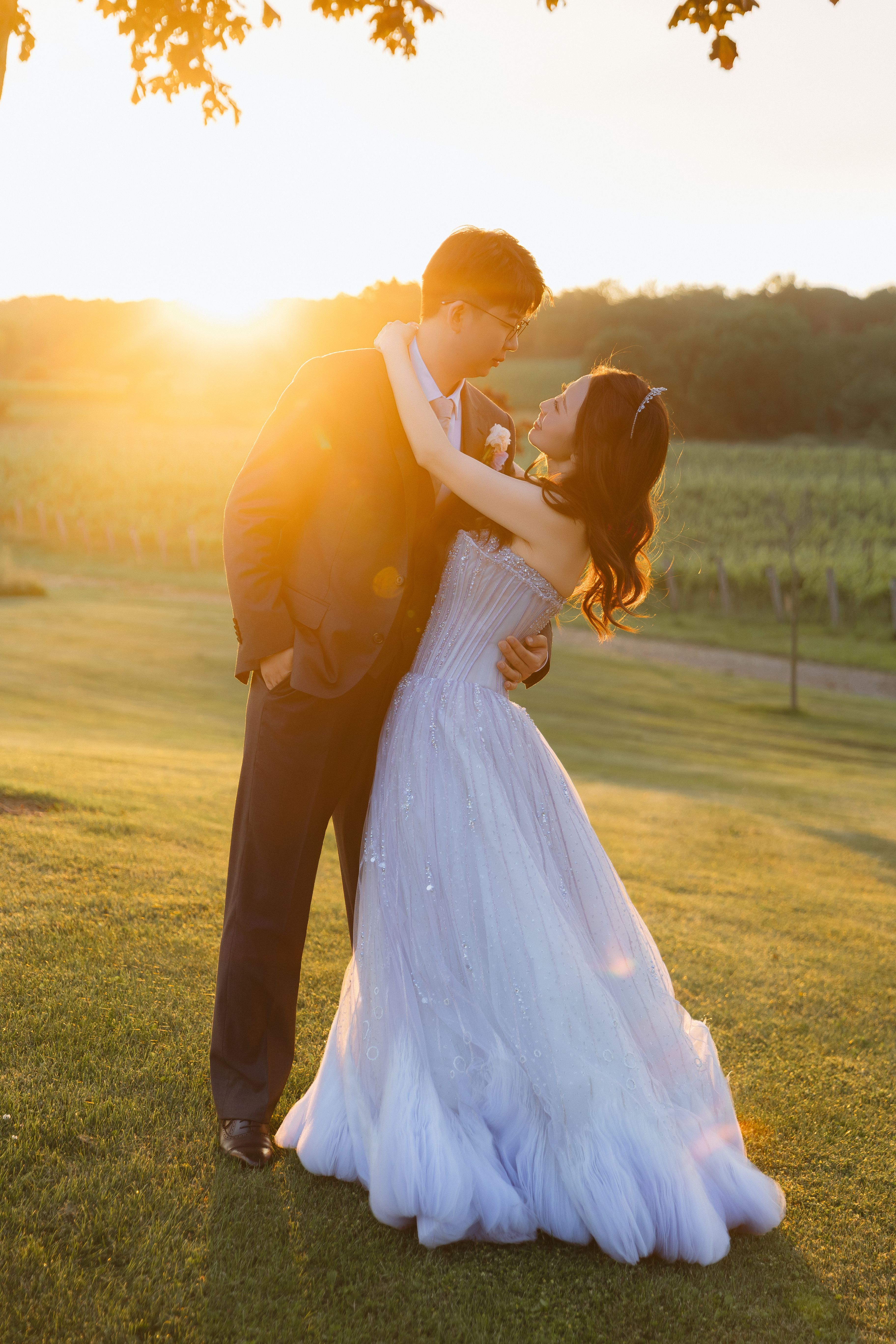 A couple embracing on the lawn at Lincoln Estates, with low sunlight behind them and vineyard rows in the background.