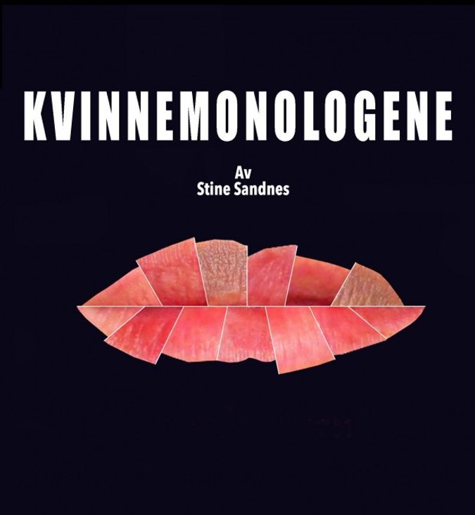 Flyer for teaterstykket kvinnemonologene, svart bakgrunn med ulike lepper som former ett sett lepper