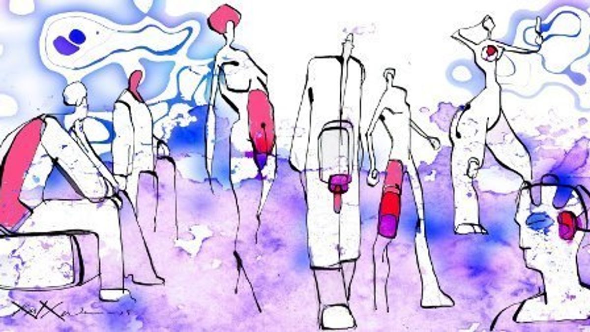 Et abstrakt maleri med bilder av ulike personer tegnet som strekfigurer. Bildet er i lilla, blå og rosa farge.