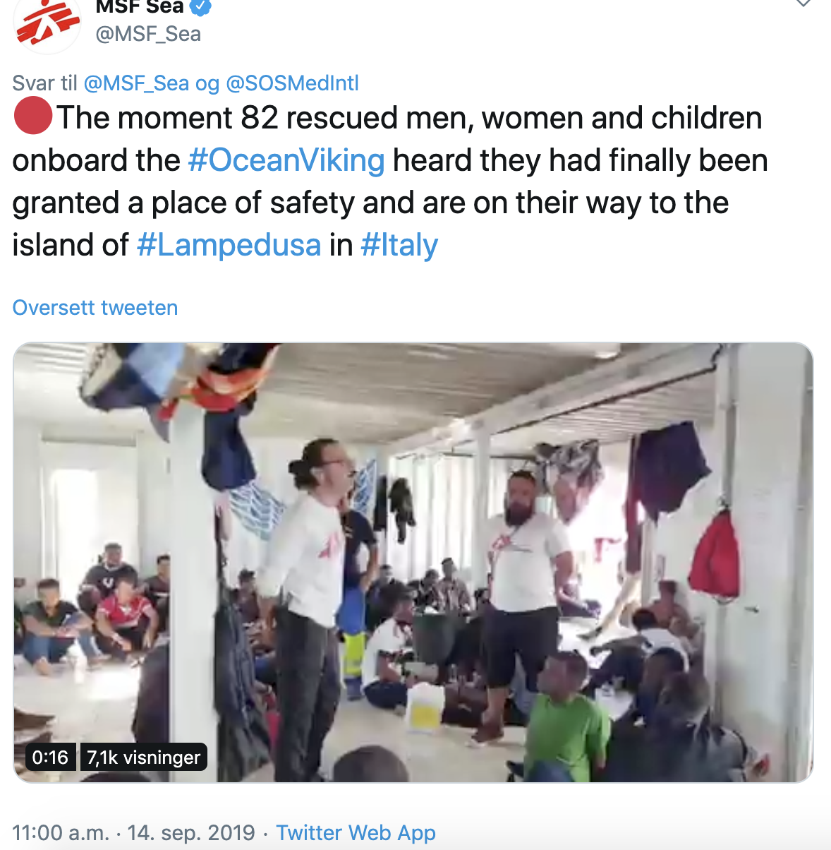 screenshot av et twitter innlegg av MSF sea organisasjonen