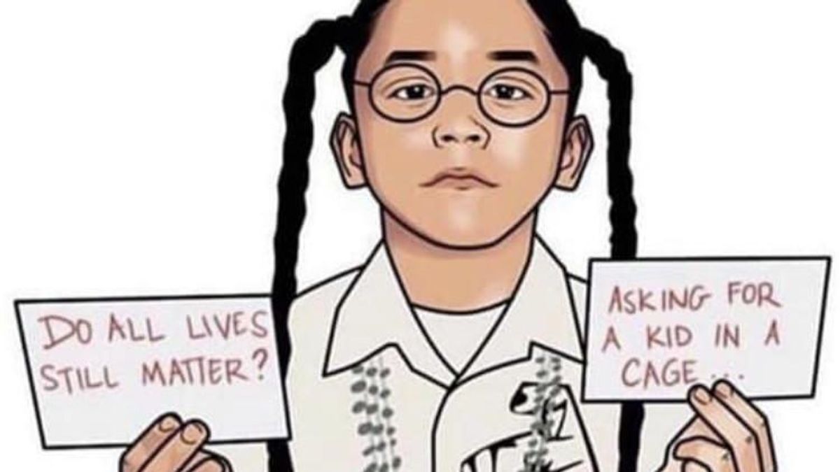 Tegning av en jente med mørkt hår i fletter og briller som holder oppe to ark med følgende tekst: "Do All Lives Still Matter" og "Asking for a kid in a cage".Tegningen er laget av: X the Artist, Xsavior Pettway på Instagram, som har bedt om at tegningen skal gjøres viral.
