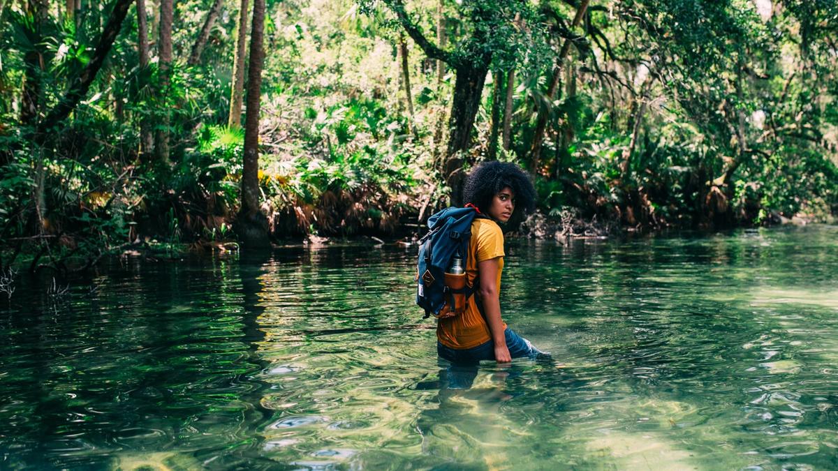 en person går i en elv i Amazonas regnskogen