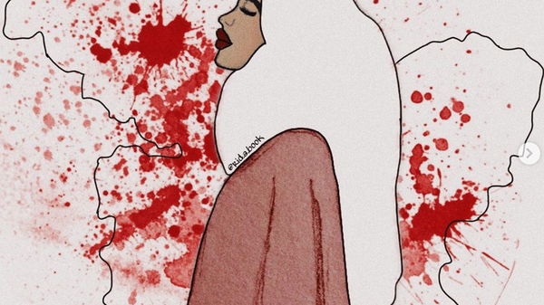 Tegning av en kvinne som står fremfor kartet av Kashmir dekket i blod 